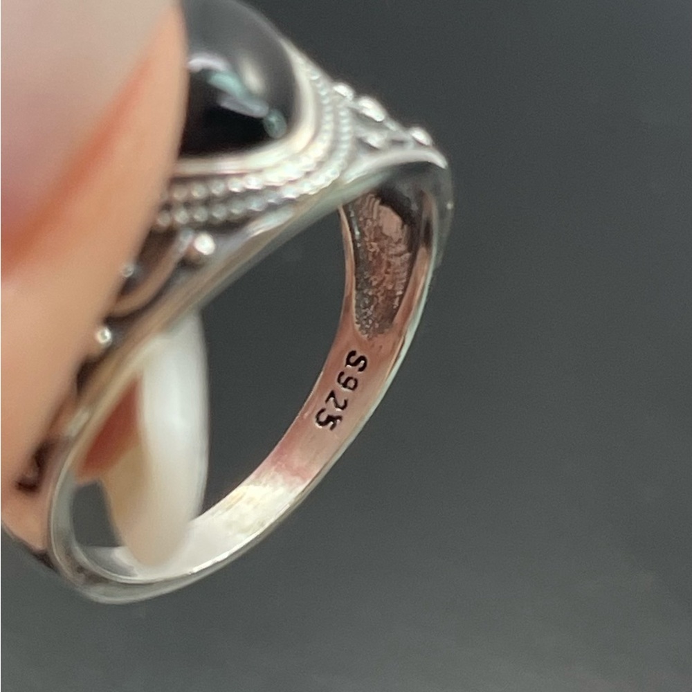 Black Agate Size 9 Solid 925 Victorian Style Ston… - image 3